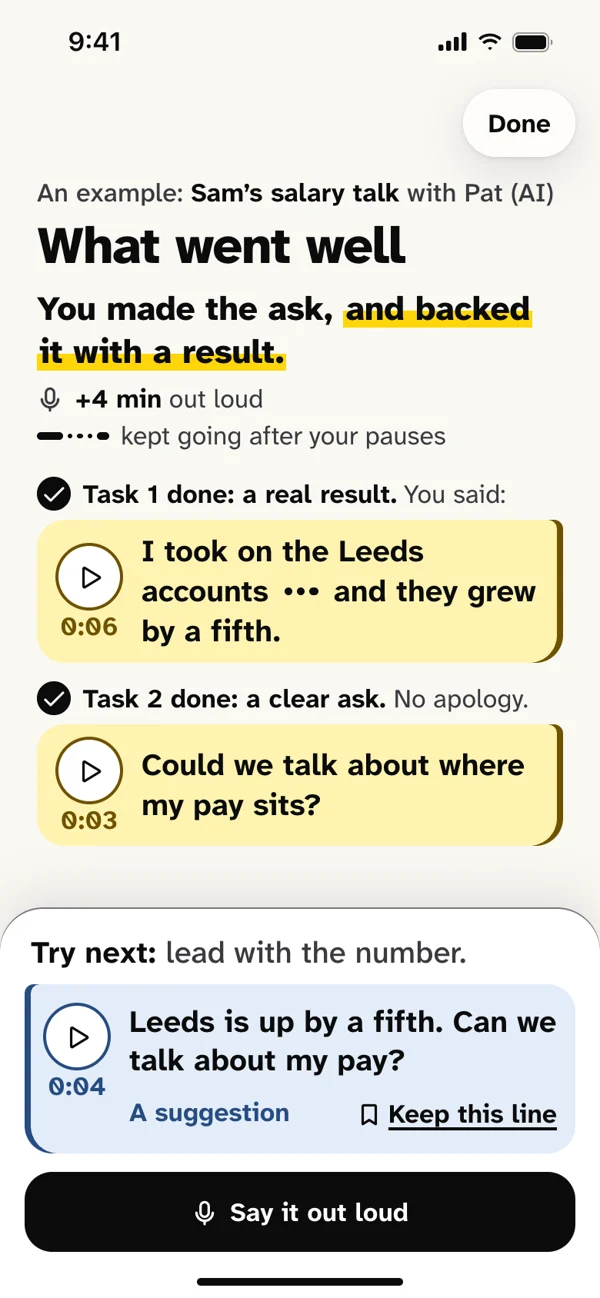 Example feedback screen, using the person’s own words.