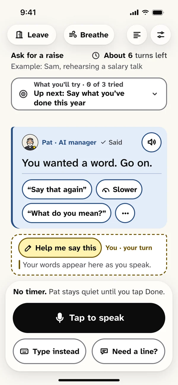 Example rehearsal screen. The AI partner waits for Done.
